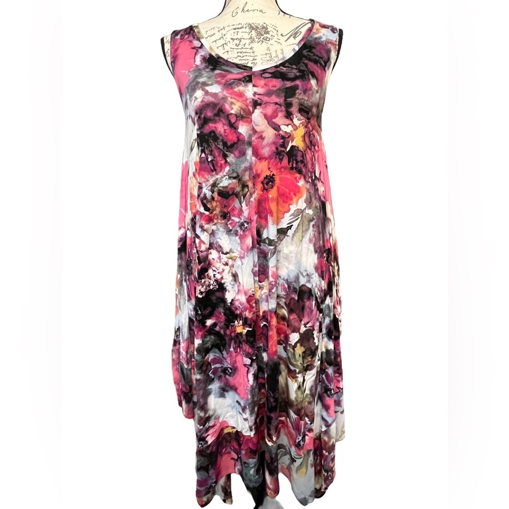 Woman’s  Floral watercolor V neck Tank Assymmetrical Summer Sun Dress Size S